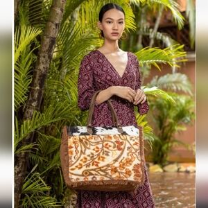 Myra Bag Hangout Large Weekender Tote Bag Hair on Leather Trim Adjustable Strap